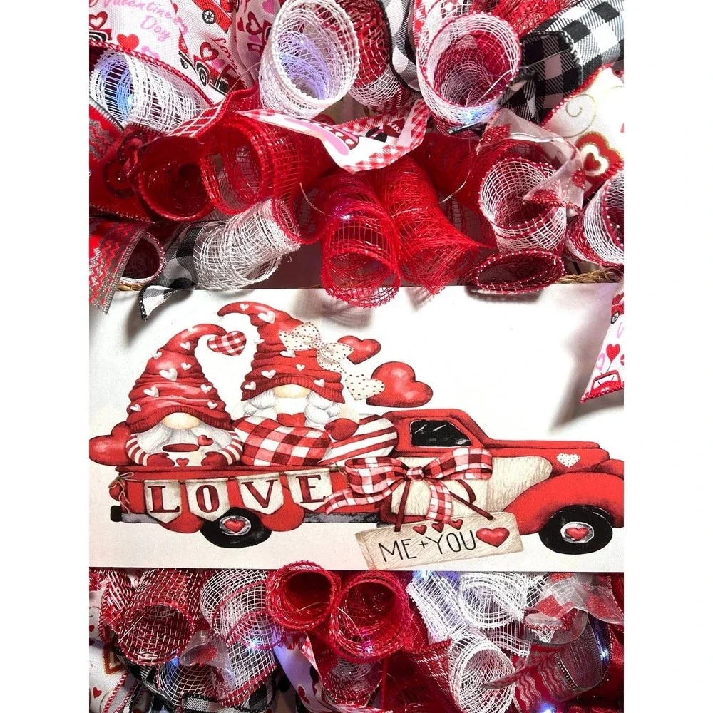Handmade Valentine’s Gnome LOVE Truck Ribbon Prelit Wreath 22 ins LED W15